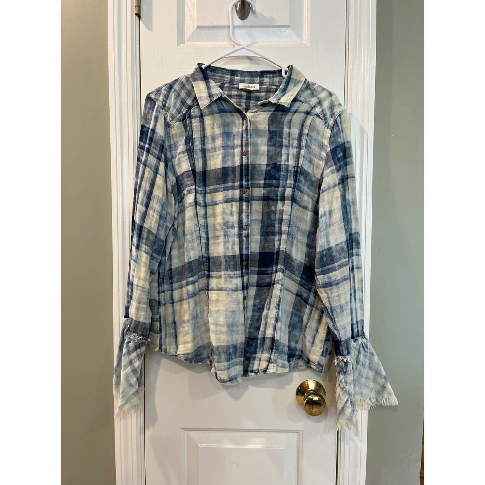 Sundance Blue White Plaid Bell Sleeve Frayed Cuff Blouse XL Tie Dye Acid Wash b3